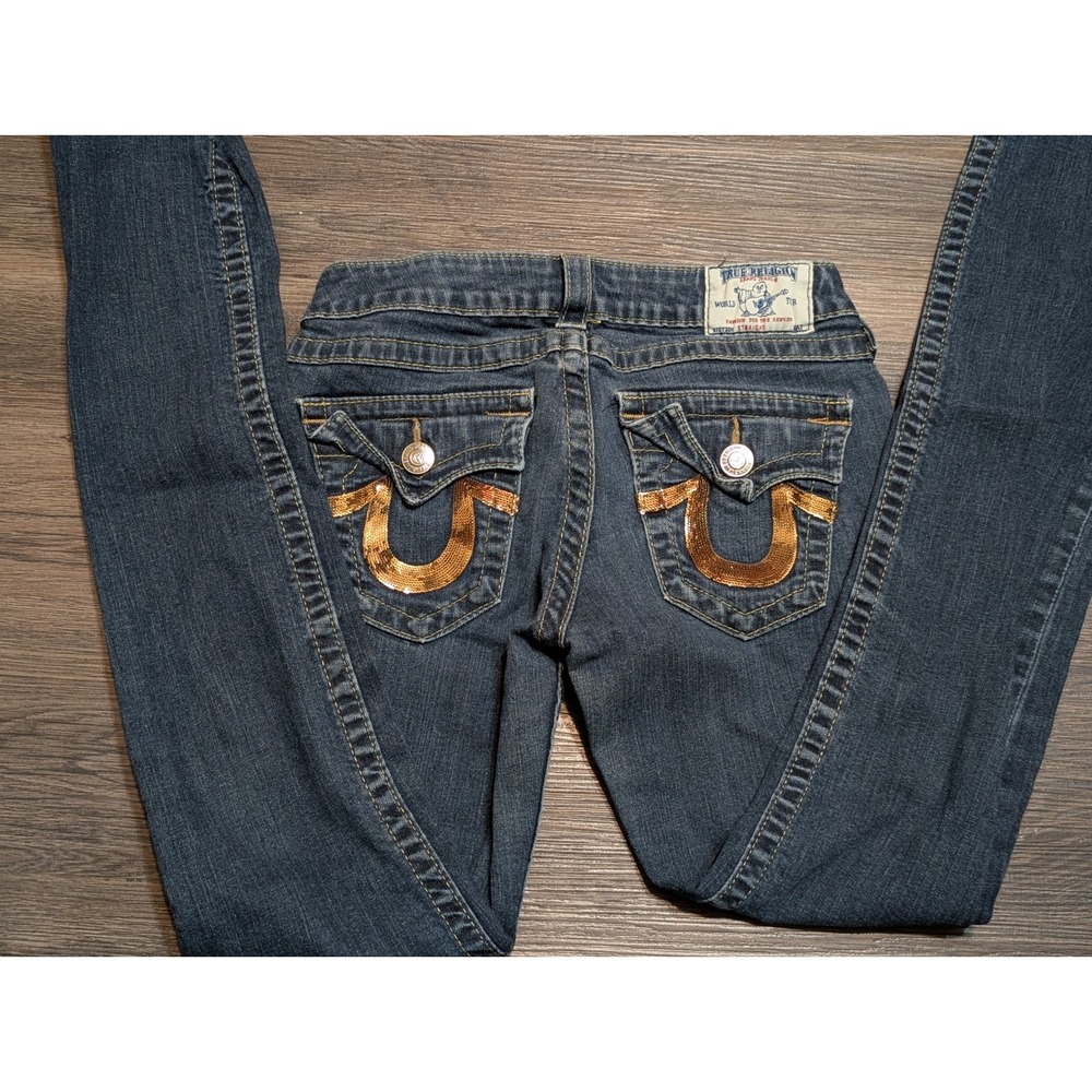 True Religion Joey Super T Jeans Womens Size 28 Bootcut Gold Stitch Flap Pockets